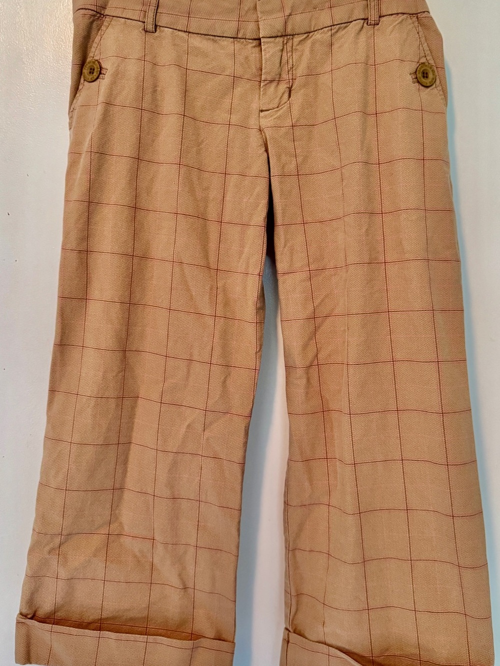 Abercrombie & Fitch Capri, Y2K Pink Brown & Beige Windowpane plaid Trousers